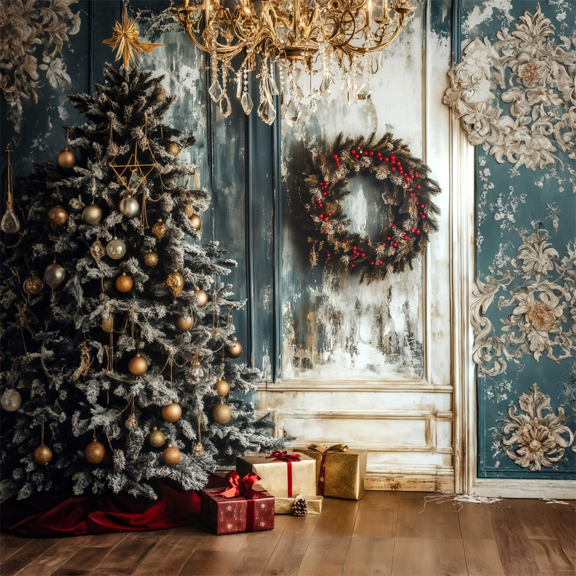 Christmas Wood Backdrop Frosted Chandelier Wreath Corner Christmas Photo Backdrops UK RR69-1