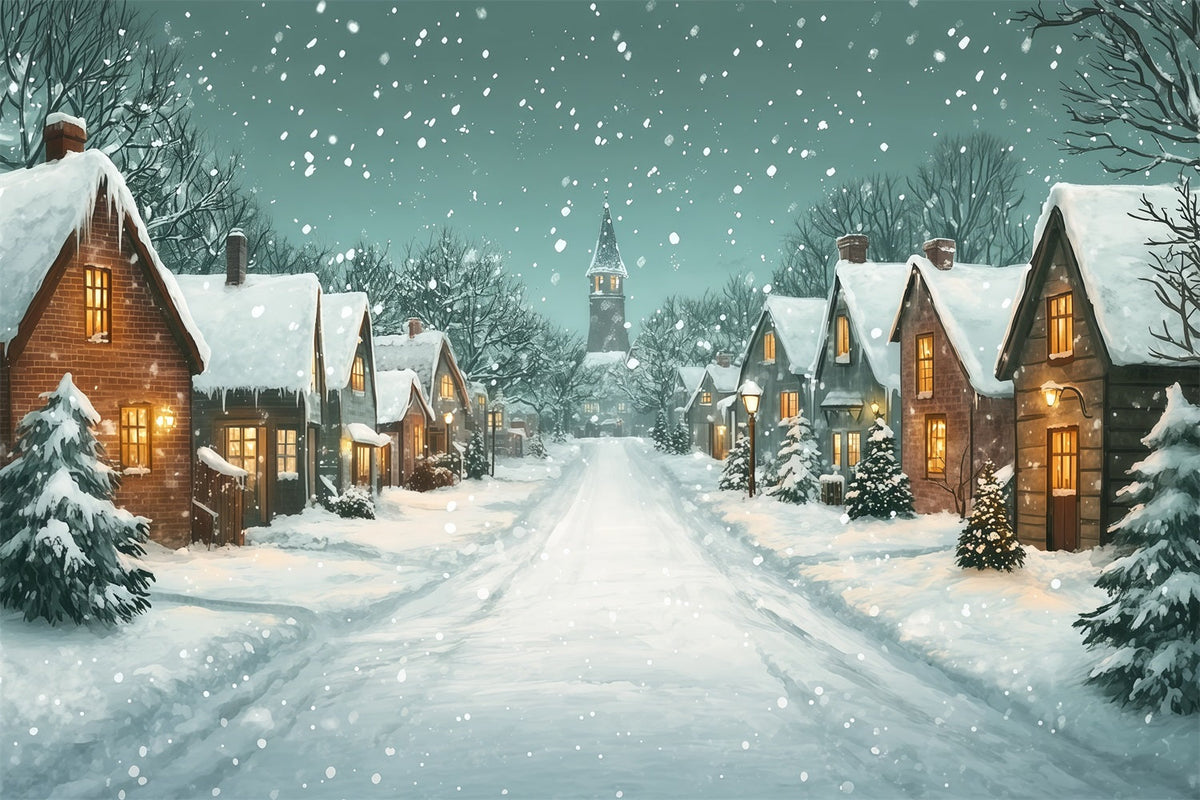 Christmas Street Backdrop Snowy Village Church Lane Photo Backdrop Christmas UK RR69-100