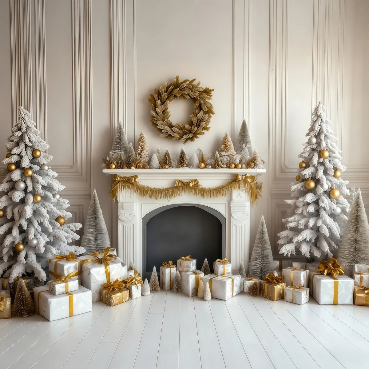 Fireplace Christmas Backdrop Retro Wall Golden Mantel Photo Backdrops Christmas UK RR69-108