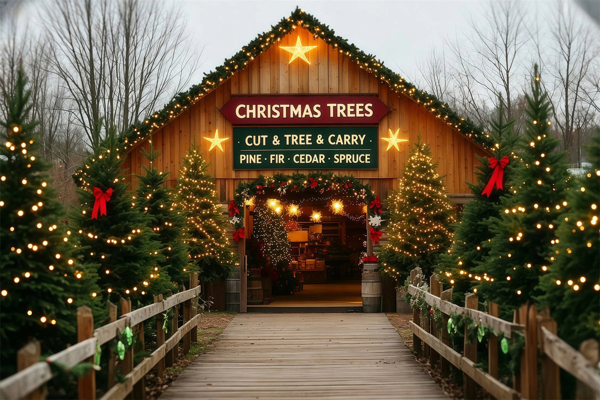 Christmas Tree Farm Backdrop Barn Door Entrance Christmas Wall Backdrops UK RR69-109