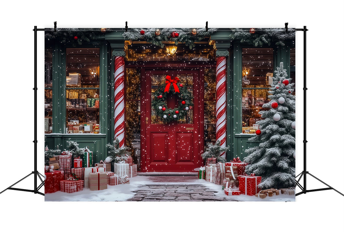 Christmas Toy Shop Backdrop Candy Cane Store Entrance Christmas Studio Backdrop UK RR69-16