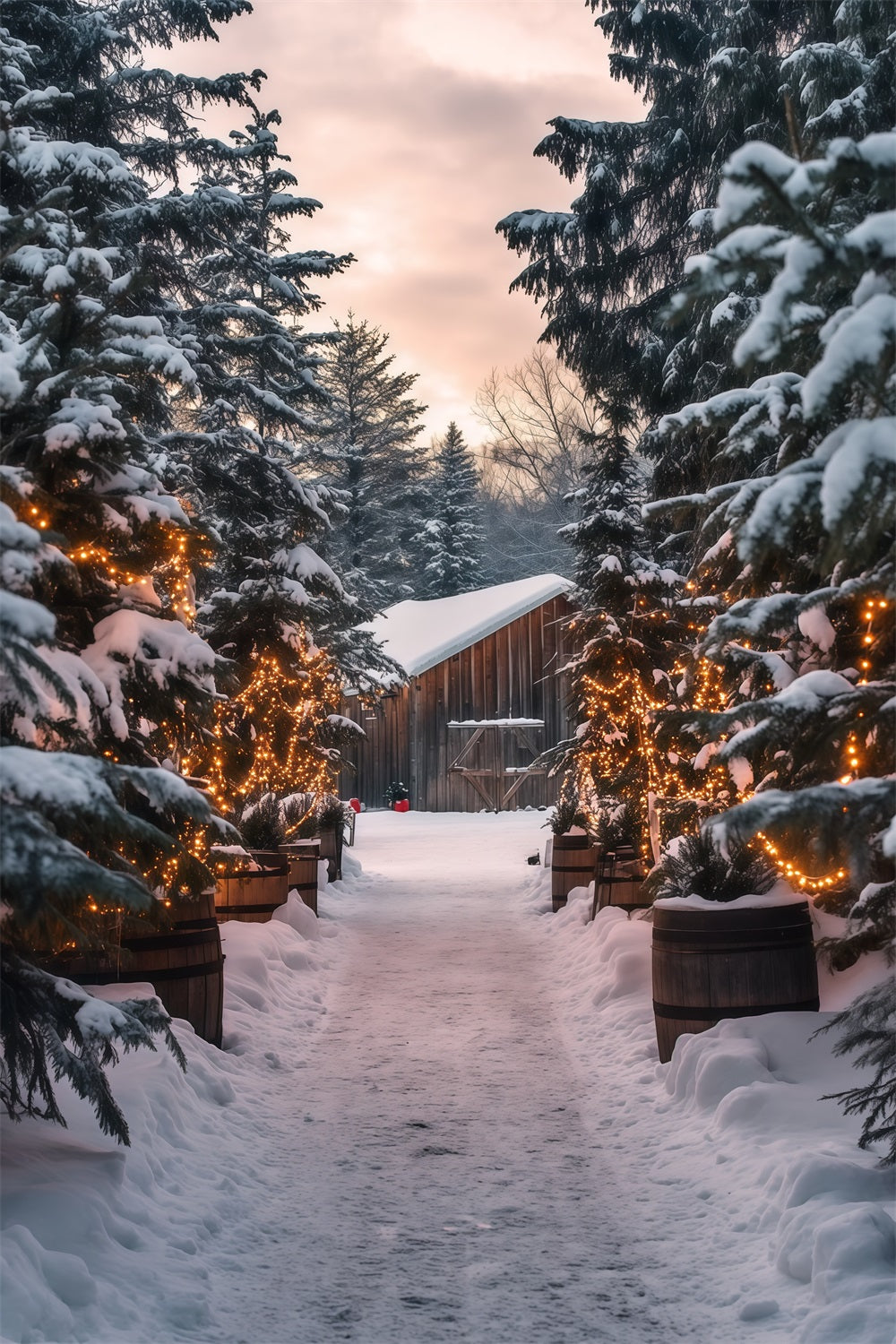 Christmas Cabin Backdrop Snowy Forest Light Path Christmas Studio Backdrop UK RR69-25