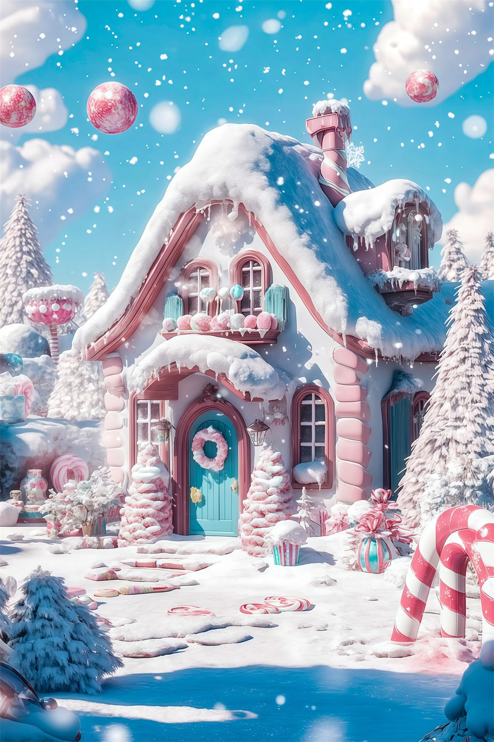 Candyland Christmas Backdrop Snowy Pink Candy Cottage Professional Christmas Backdrop UK RR69-29