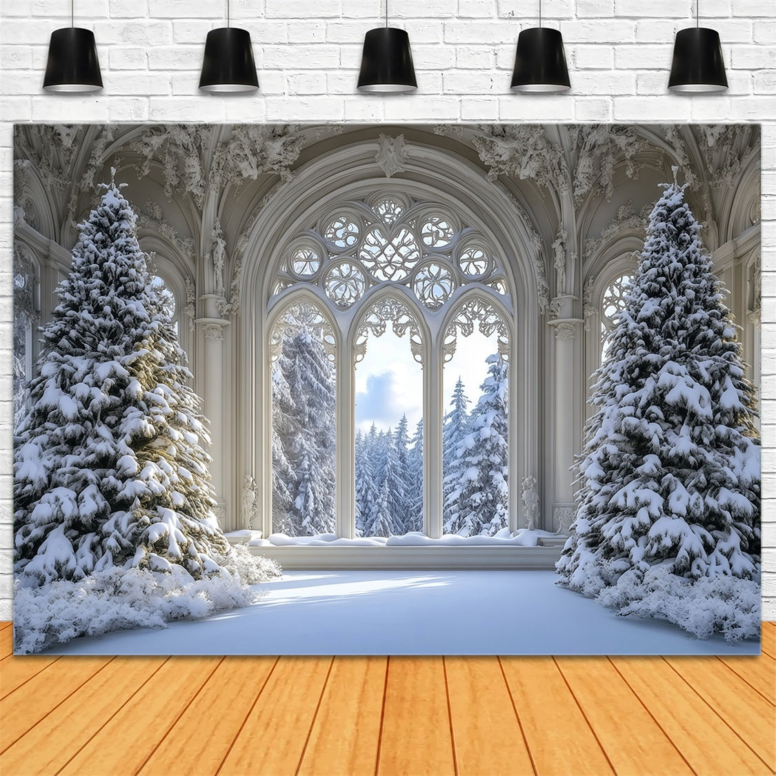 Christmas Tree Backdrop Snowy Gothic Window Forest Christmas Backdrop UK RR69-35