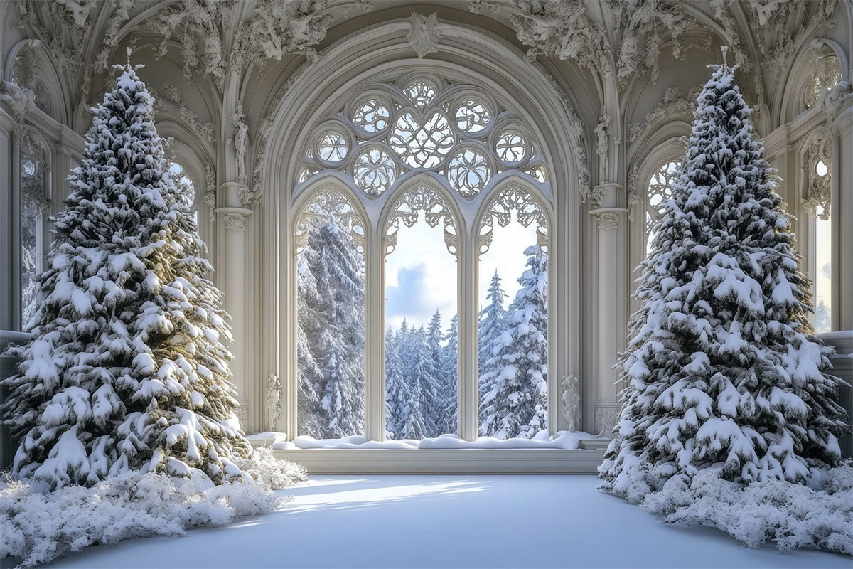 Christmas Tree Backdrop Snowy Gothic Window Forest Christmas Backdrop UK RR69-35