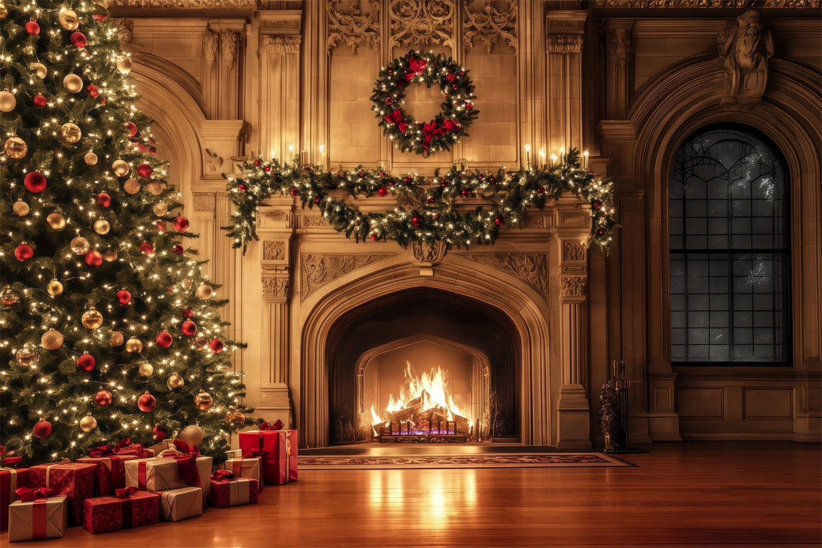 Cozy Christmas Backdrop Luxury Fireplace Garland Glow Christmas Photo Backdrop UK RR69-37