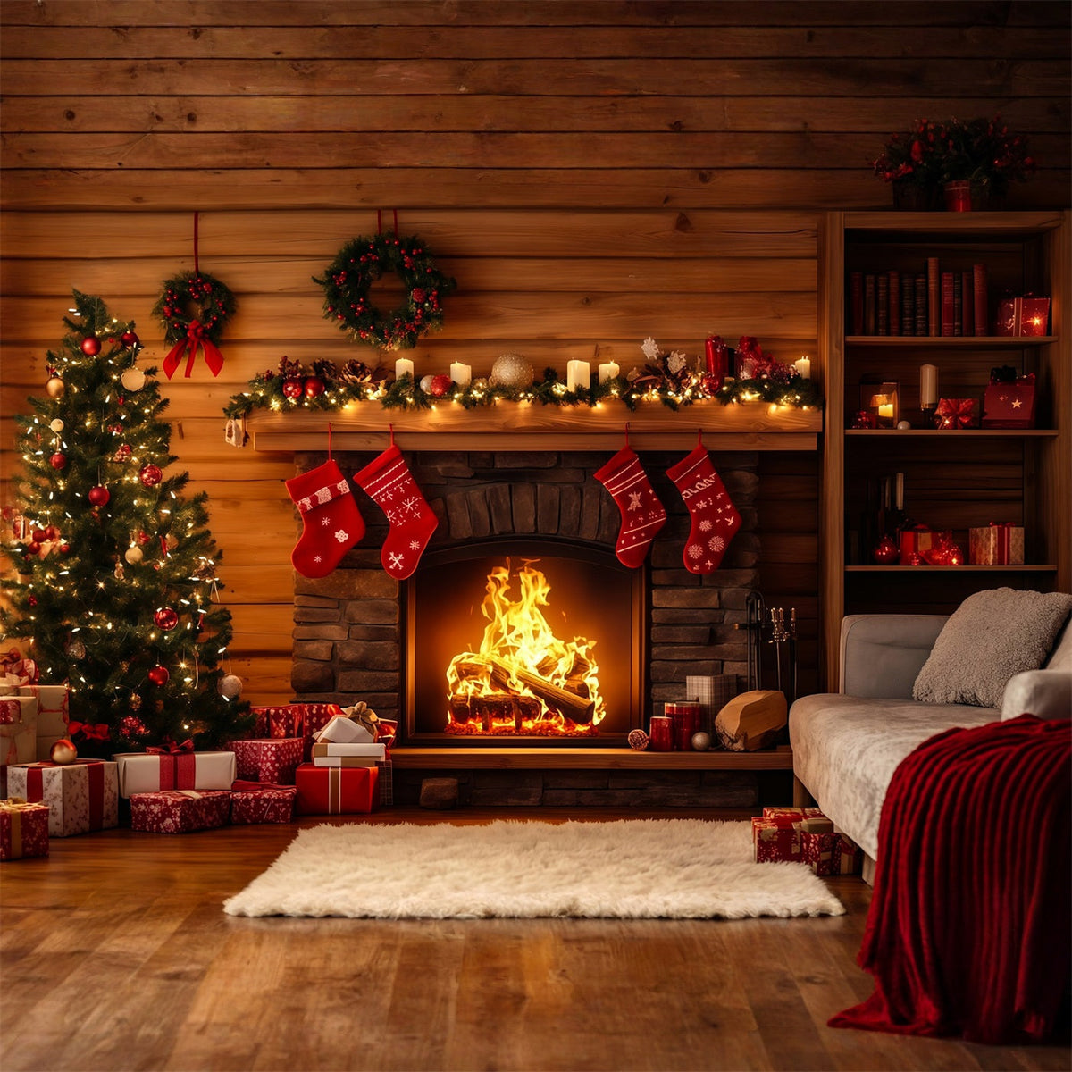Rustic Christmas Backdrop Cabin Fireplace Stocking Decor Christmas Photography Backdrop UK RR69-40