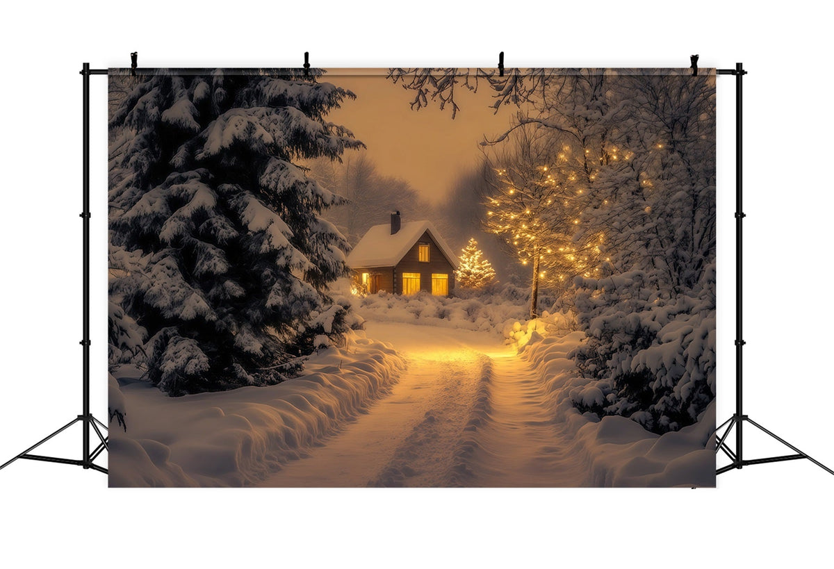 Winter Christmas Backdrop Snowy Forest Cabin Path Photo Backdrop Christmas UK RR69-43