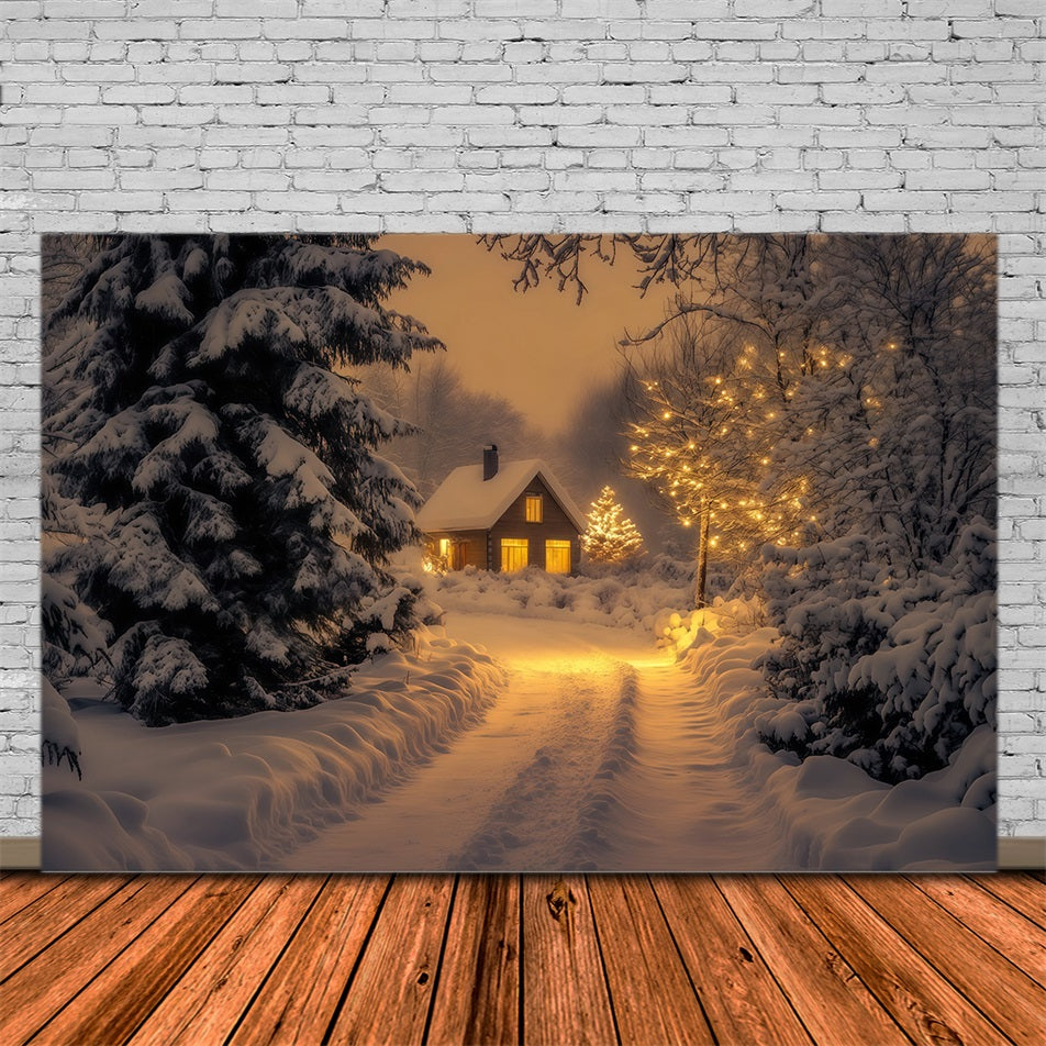 Winter Christmas Backdrop Snowy Forest Cabin Path Photo Backdrop Christmas UK RR69-43