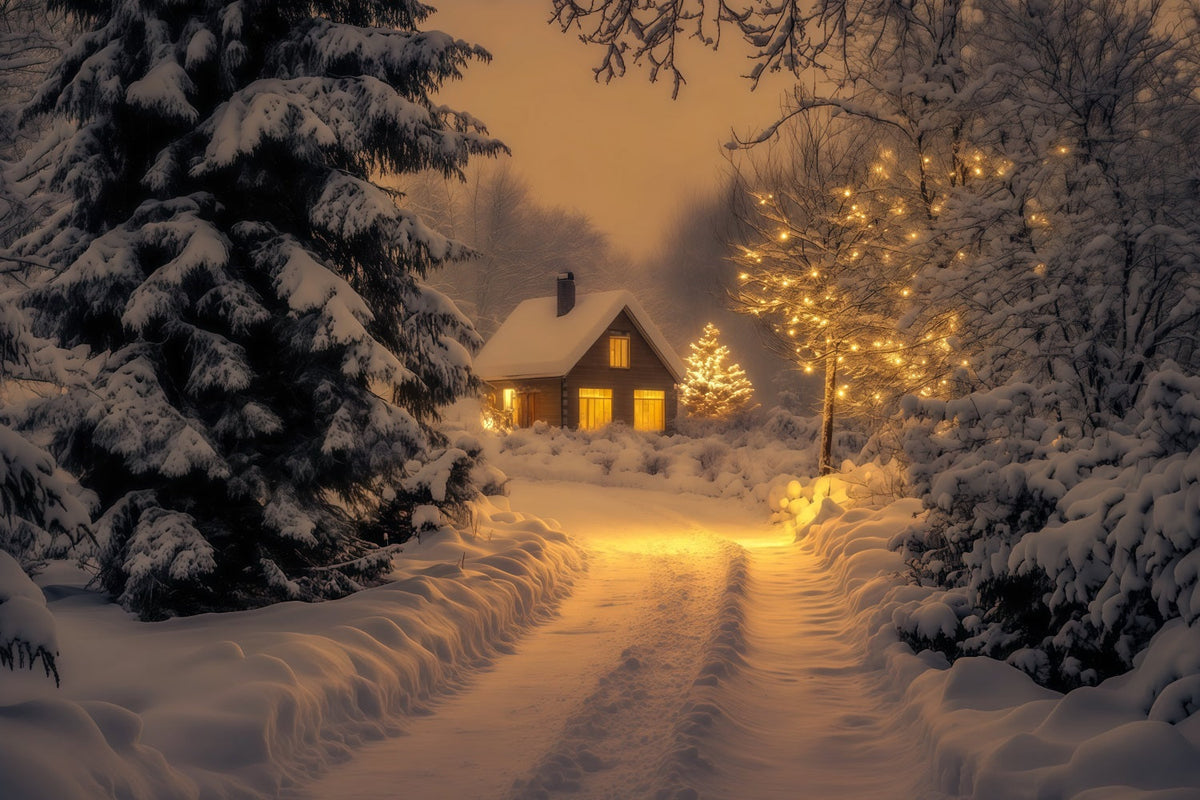 Winter Christmas Backdrop Snowy Forest Cabin Path Photo Backdrop Christmas UK RR69-43