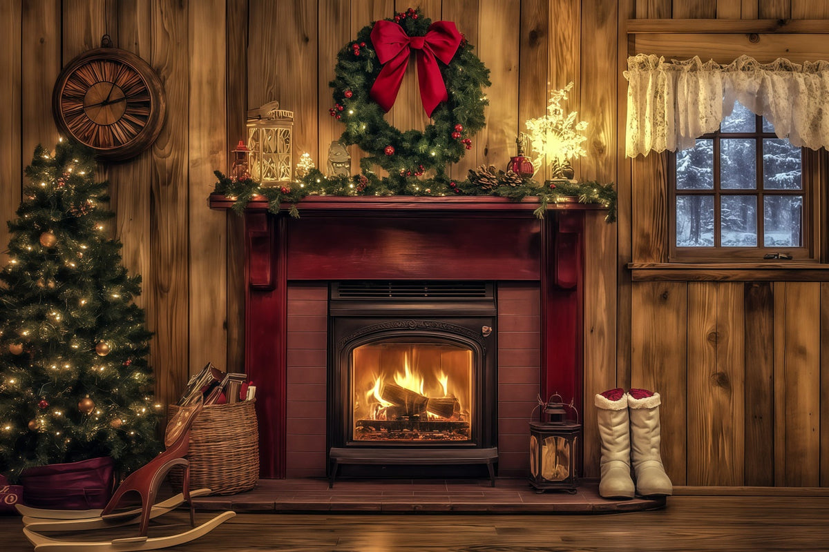 Wooden Christmas Backdrop Rustic Red Fireplace Mantel Large Christmas Backdrops UK RR69-44