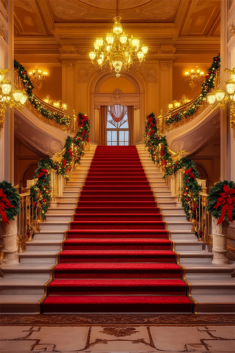 Christmas Stage Backdrops Grand Chandelier Staircase Hall Christmas Photography Backdrops UK RR69-5