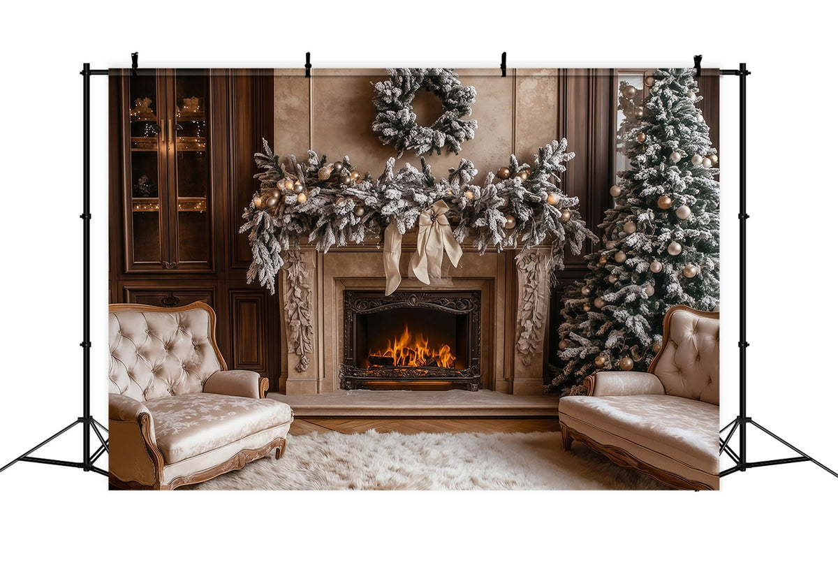 Christmas Living Room Backdrop Fireplace White Garland Photography Backdrops Christmas UK RR69-50