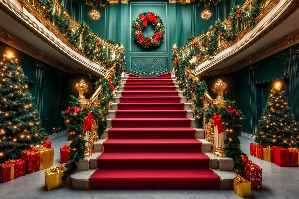 Classy Christmas Backdrop Grand Staircase Garland Entrance Christmas Wall Backdrops UK RR69-52