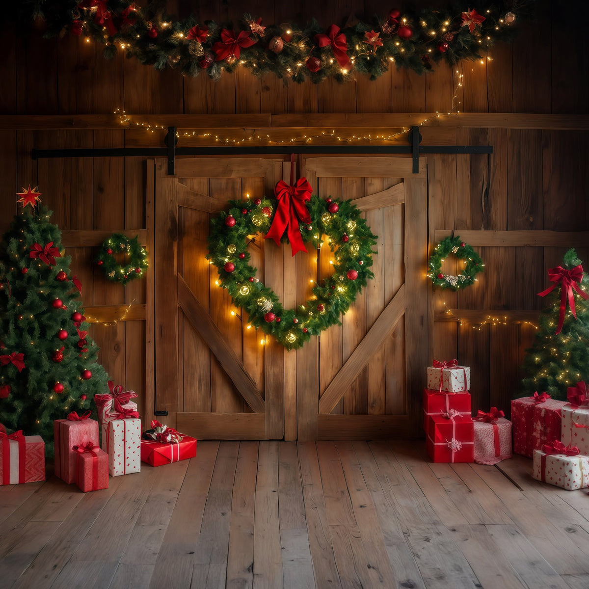 Barn Door Christmas Backdrop Rustic Barn Wreath Door Indoor Christmas Backdrop UK RR69-55