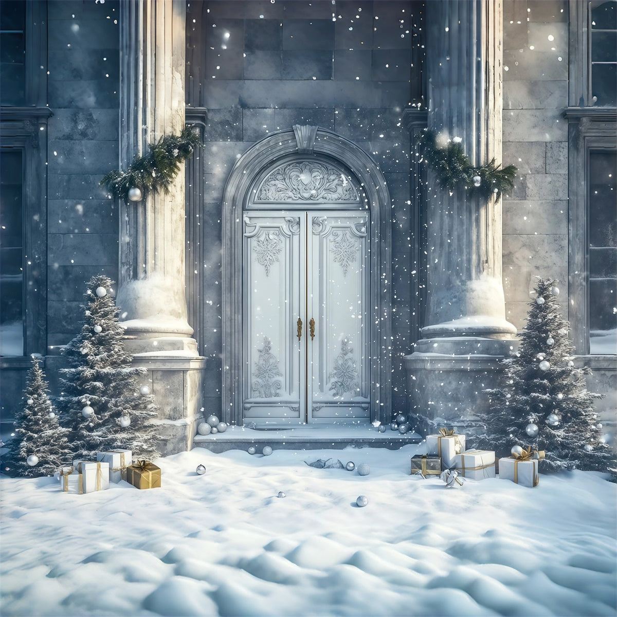 Christmas House Backdrop Snowy Palace Entrance Photo Christmas Backdrop UK RR69-57