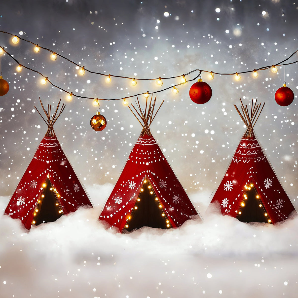 Cute Christmas Backdrop Snowy Teepee Lights Professional Christmas Backdrops UK RR69-61