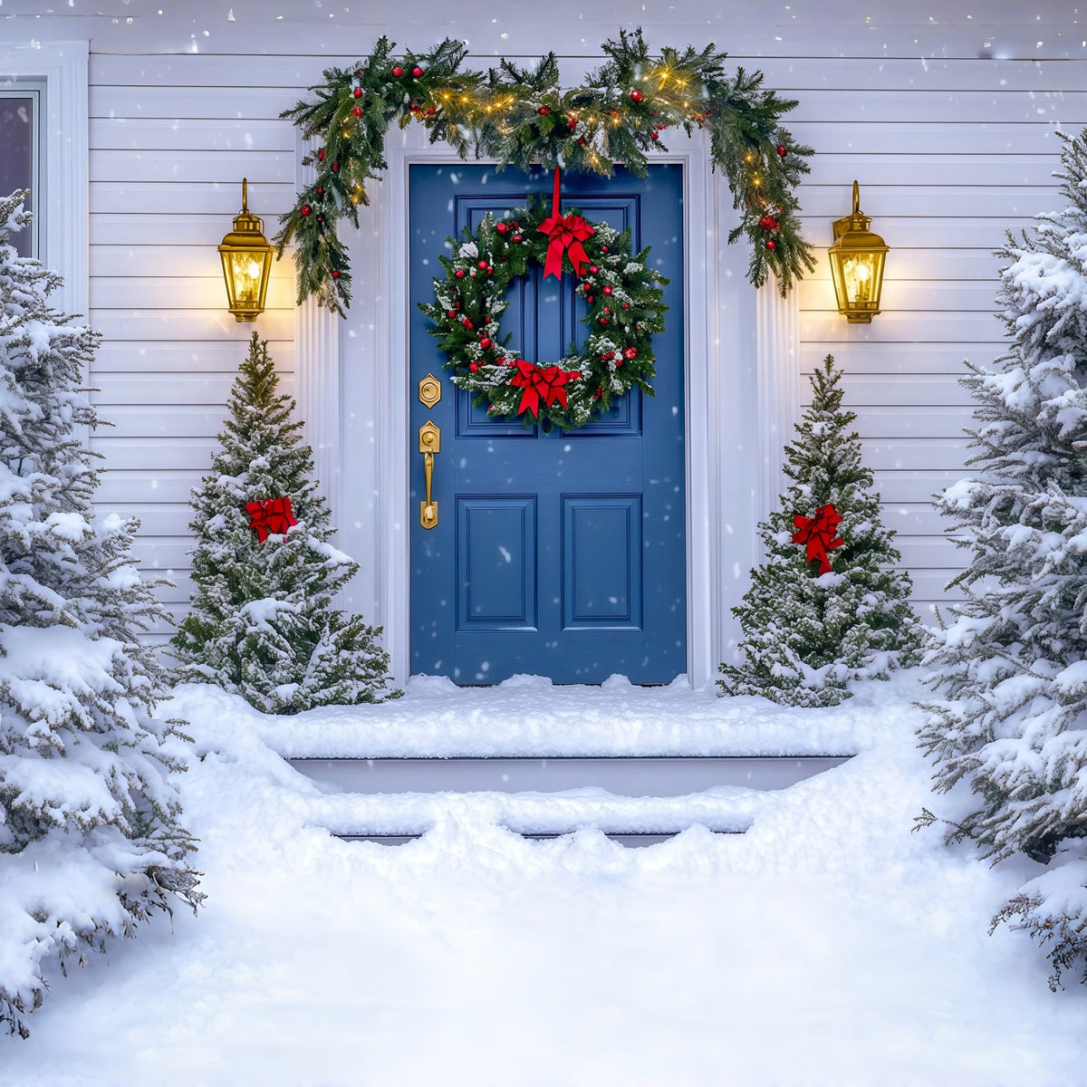 Christmas House Backdrop Blue Door Wreath Photo Backdrop Christmas UK RR69-63