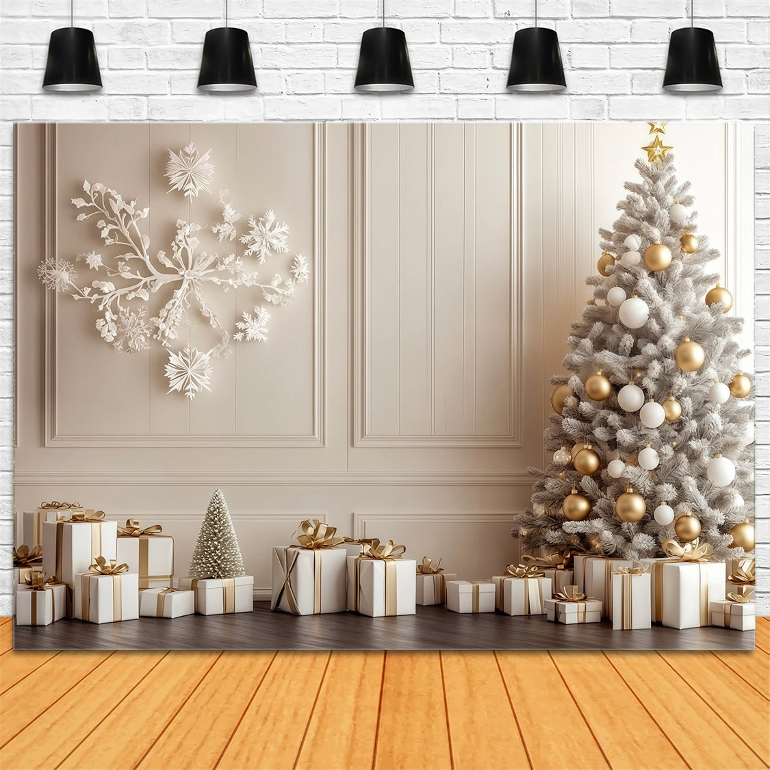 Christmas Wall Backdrop White Gold Tree Display Large Christmas Backdrops UK RR69-7