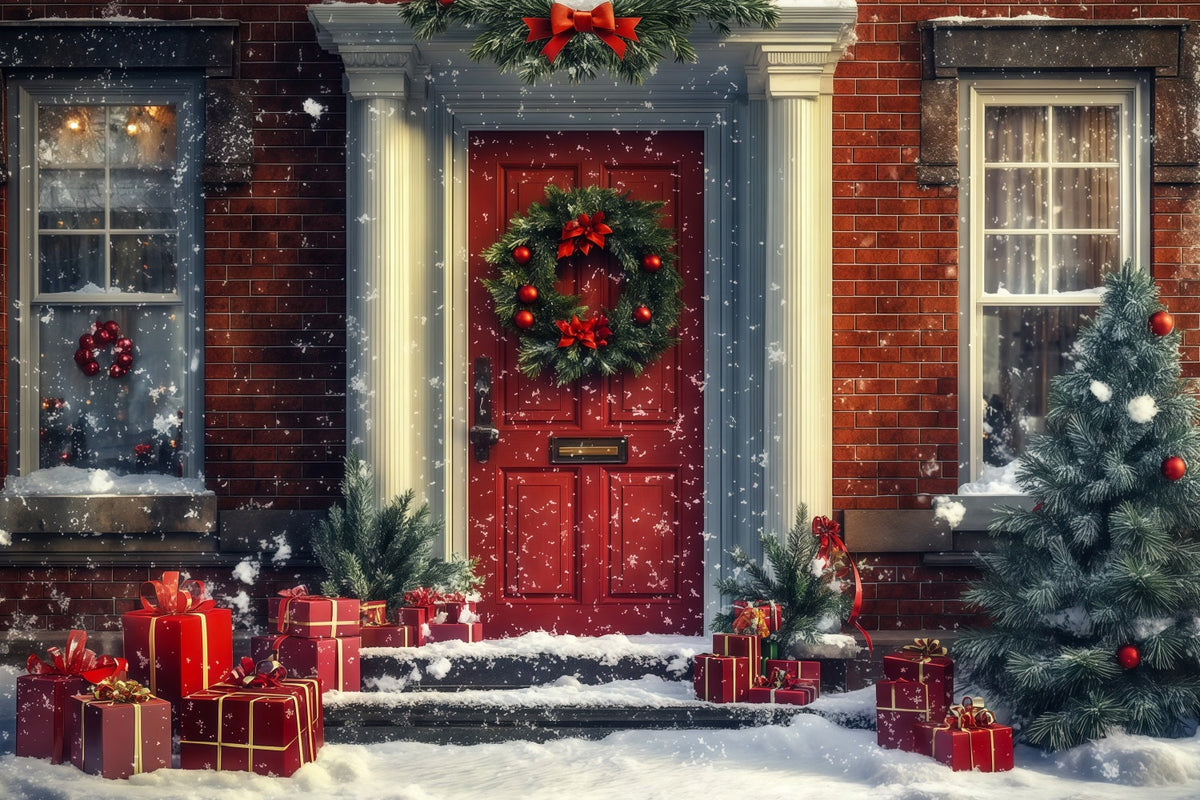 Christmas House Backdrop Snowy Red Door Gifts Photo Backdrops Christmas UK RR69-71