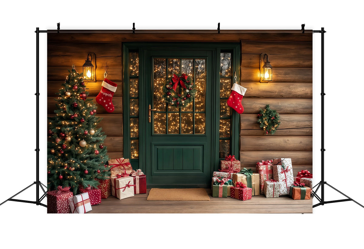 Christmas Cabin Backdrop Rustic Green Door Porch Christmas Studio Backdrop UK RR69-73