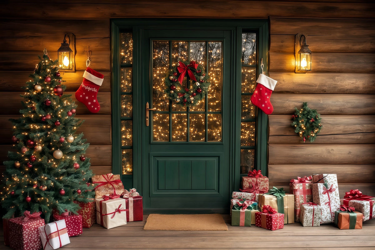Christmas Cabin Backdrop Rustic Green Door Porch Christmas Studio Backdrop UK RR69-73