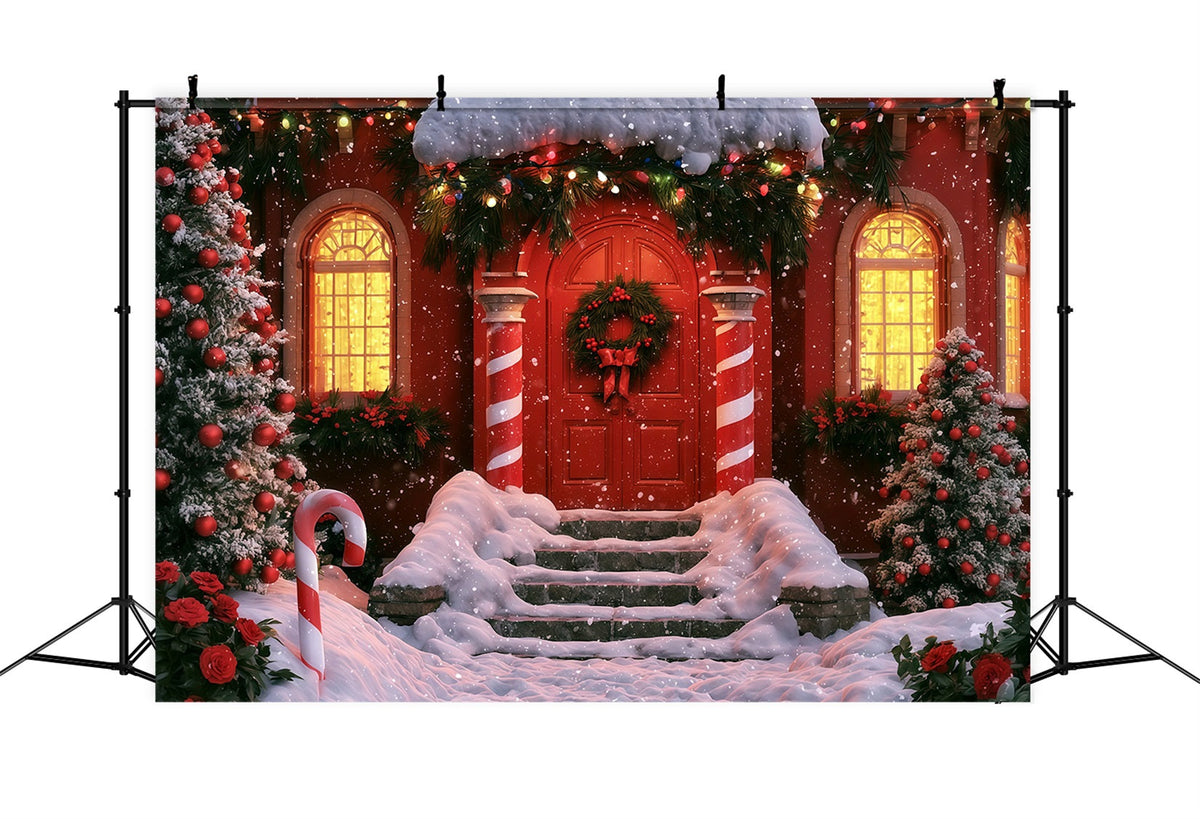 Winter Christmas Backdrop Candy Cane Red Door Entrance Indoor Christmas Backdrop UK RR69-75