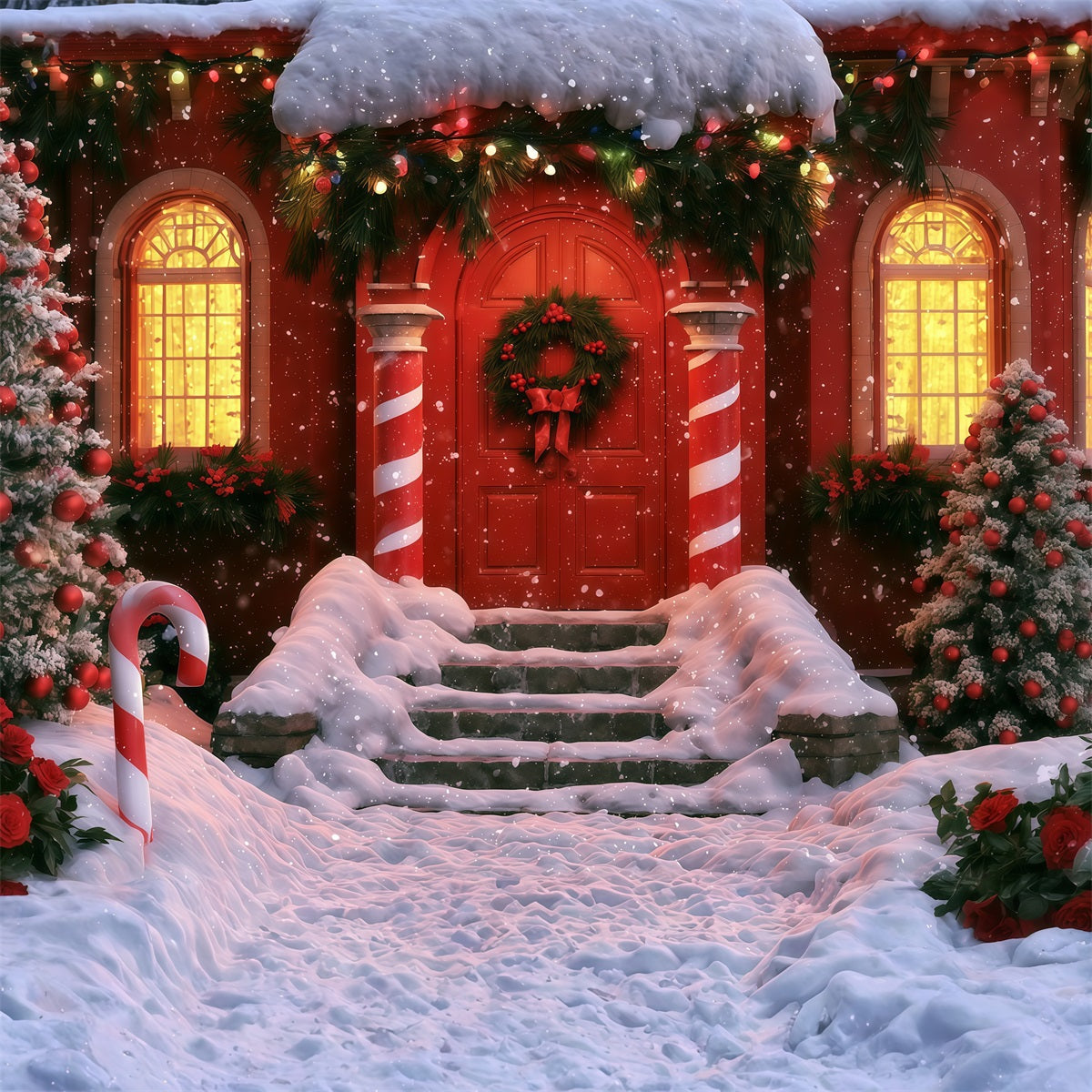 Winter Christmas Backdrop Candy Cane Red Door Entrance Indoor Christmas Backdrop UK RR69-75