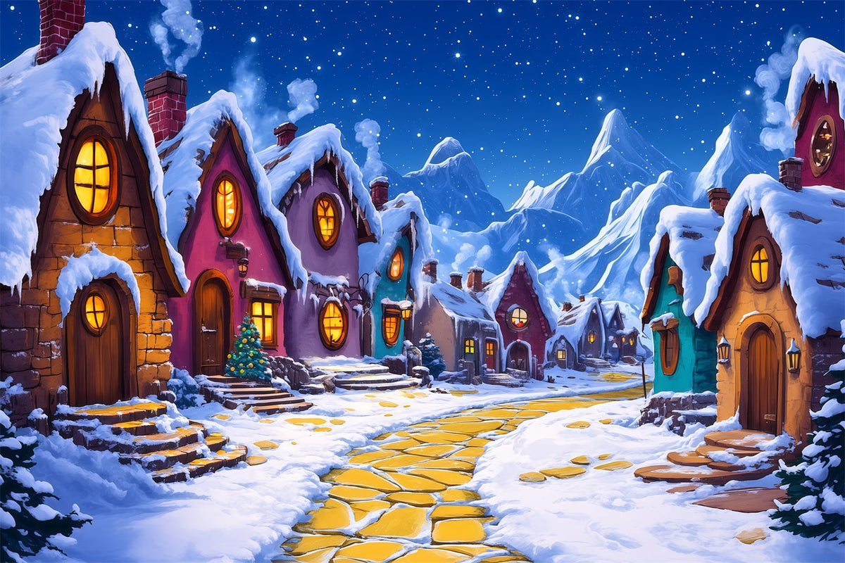 Christmas Village Backdrop Snowy Storybook Cottage Christmas Indoor Backdrop UK RR69-84