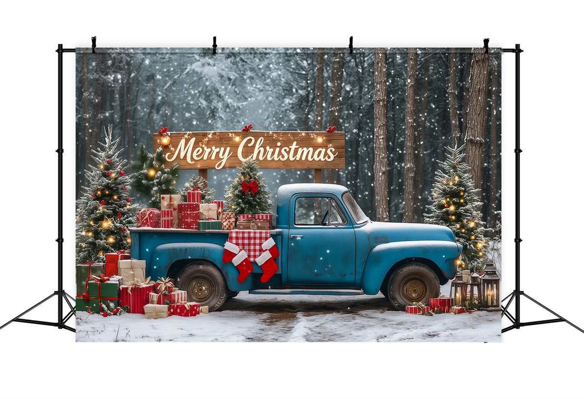 Christmas Forest Backdrop Blue Vintage Gift Truck Photographic Backdrops Christmas UK RR69-90