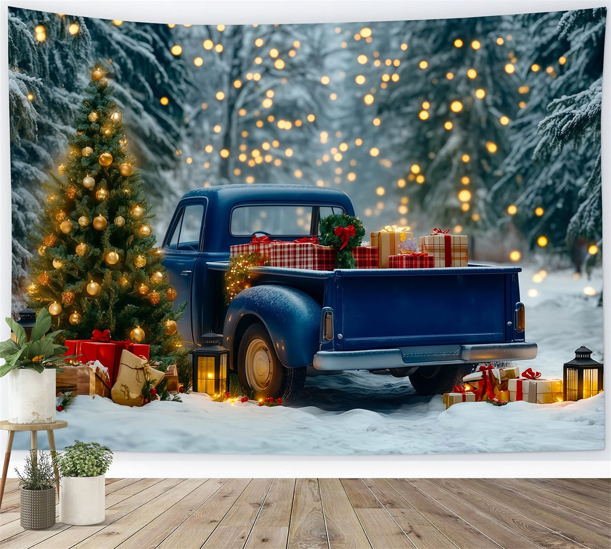 Christmas Truck Backdrop Blue Pickup Forest Lights Christmas Muslin Backdrops UK RR69-91
