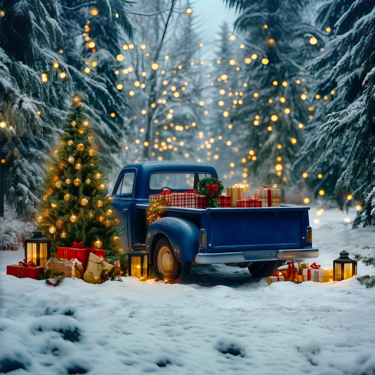 Christmas Truck Backdrop Blue Pickup Forest Lights Christmas Muslin Backdrops UK RR69-91