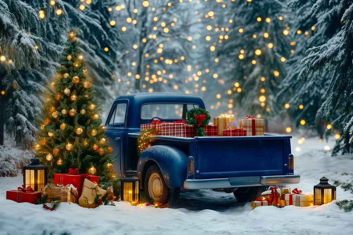 Christmas Truck Backdrop Blue Pickup Forest Lights Christmas Muslin Backdrops UK RR69-91