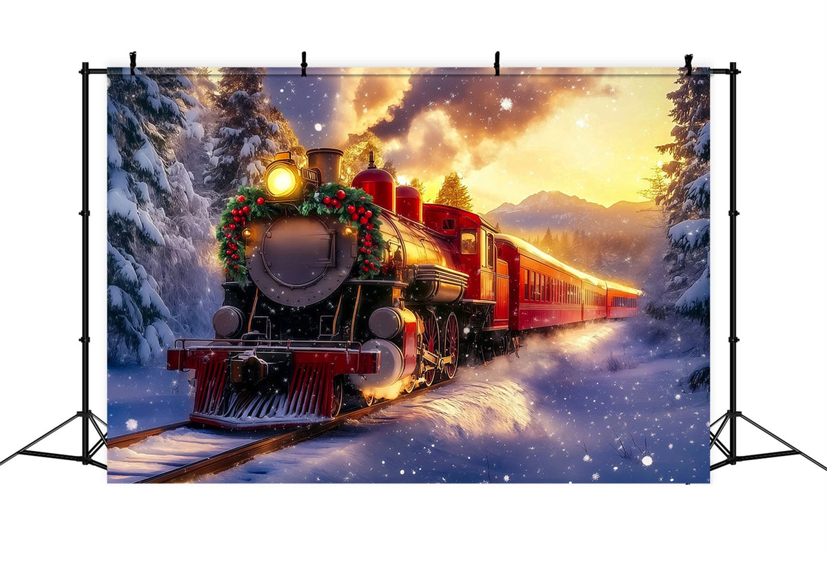 Christmas Train Backdrop Golden Sunset Mountain Train Christmas Photo Backdrop UK RR69-94