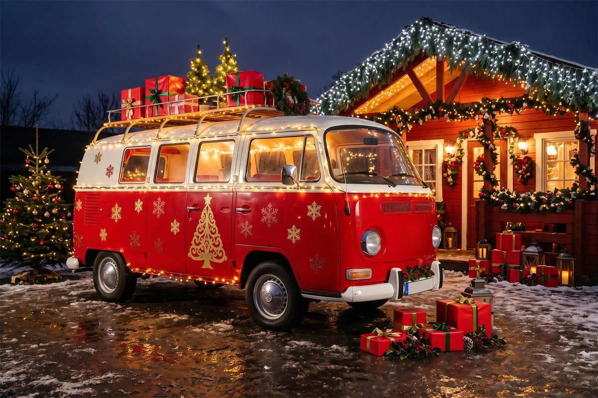 Christmas Camper Photography Backdrop Red Van Cozy Cabin Christmas Photo Backdrops UK RR69-95