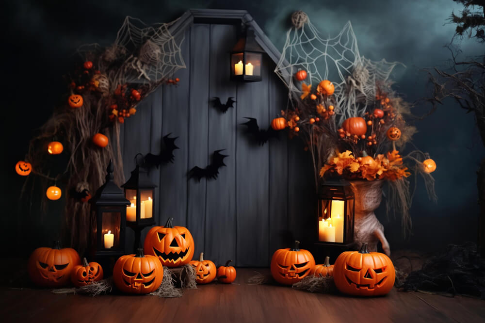 Halloween Pumpkin Lanterns Bats Backdrop UK RR7-102