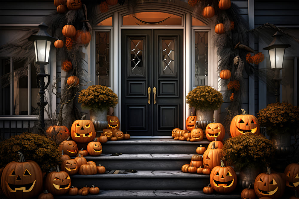 Front Door Pumpkins Halloween Backdrop UK RR7-105