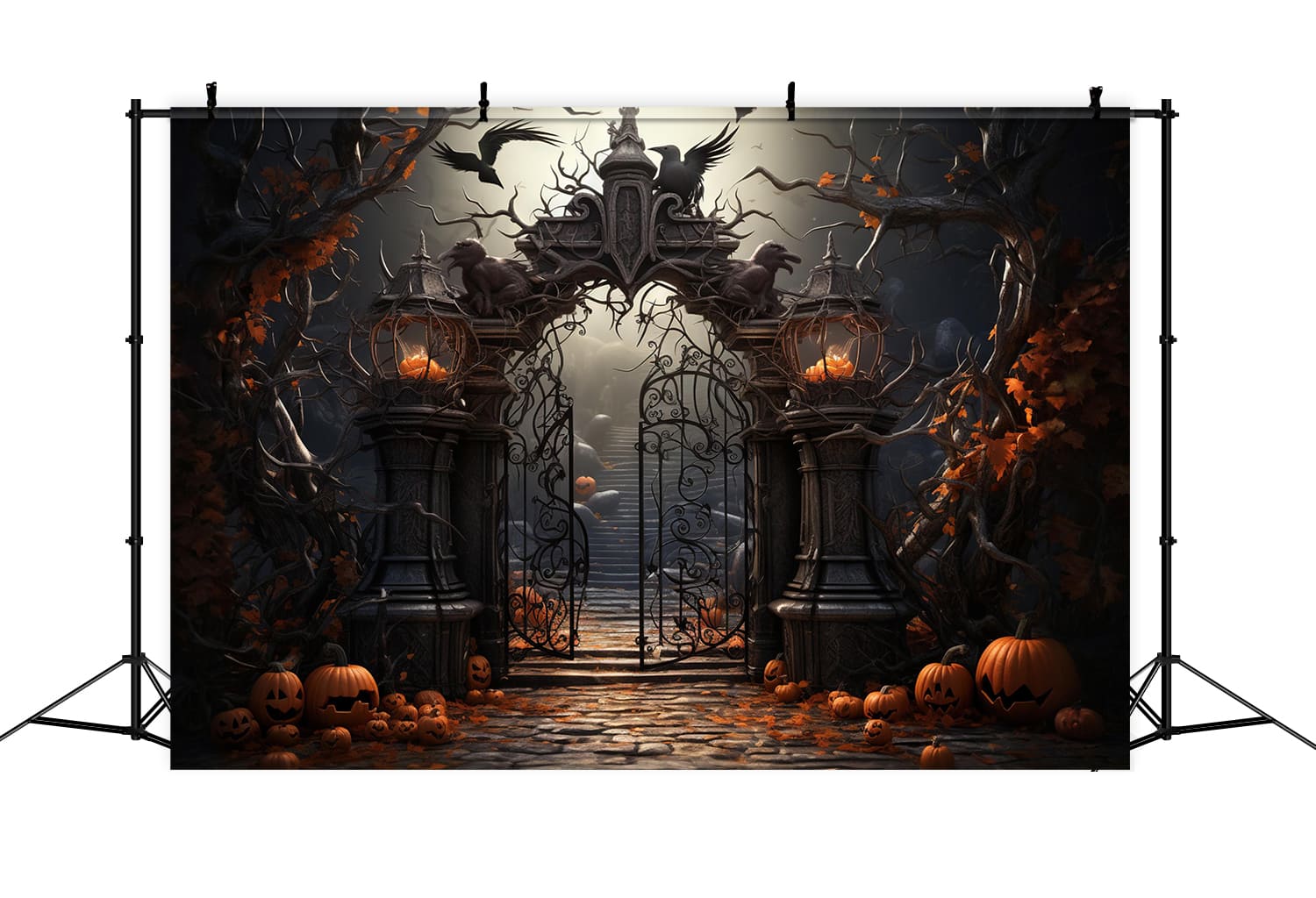 Halloween Cemetery Gate Pumpkins Backdrop UK RR7-107