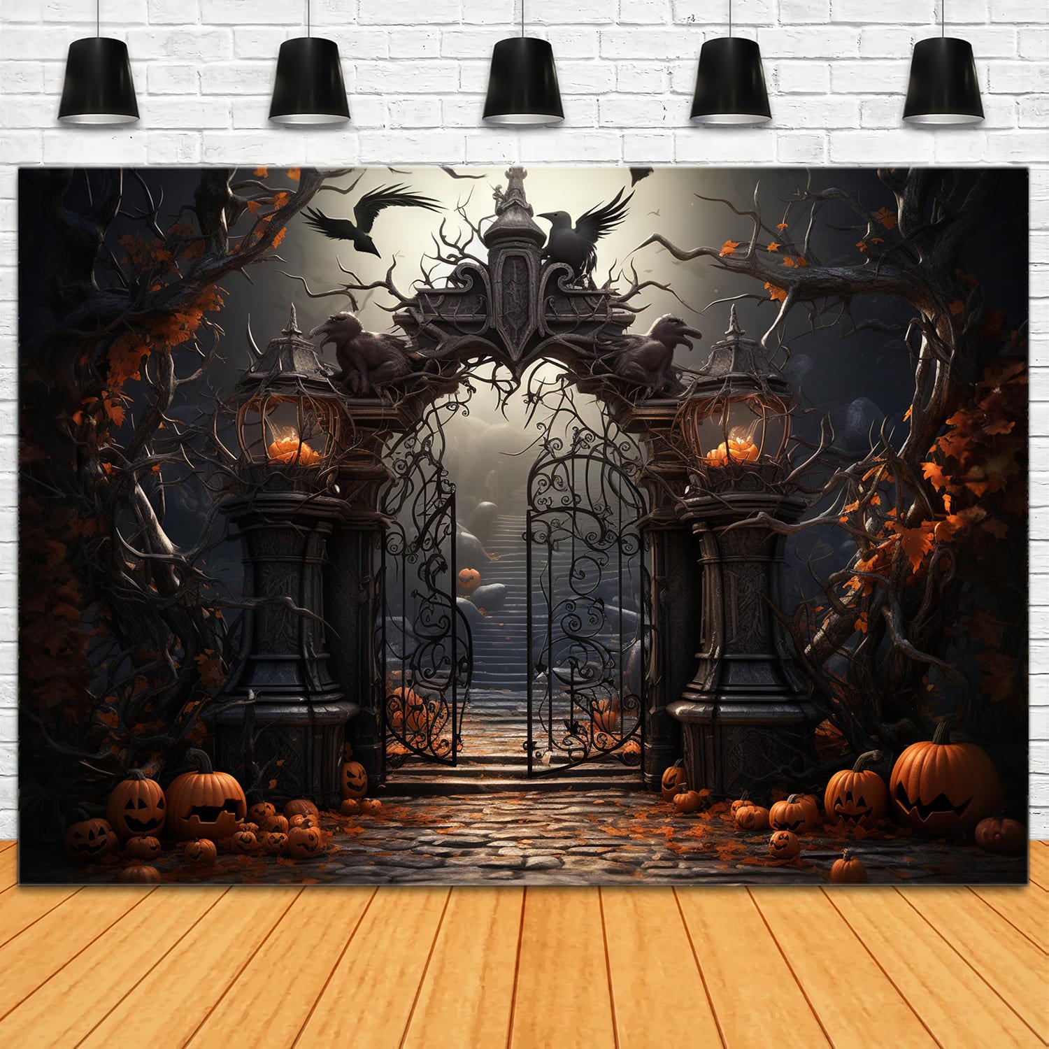 Halloween Cemetery Gate Pumpkins Backdrop UK RR7-107