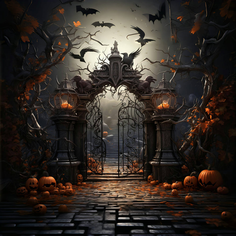 Halloween Cemetery Gate Pumpkins Backdrop UK RR7-107