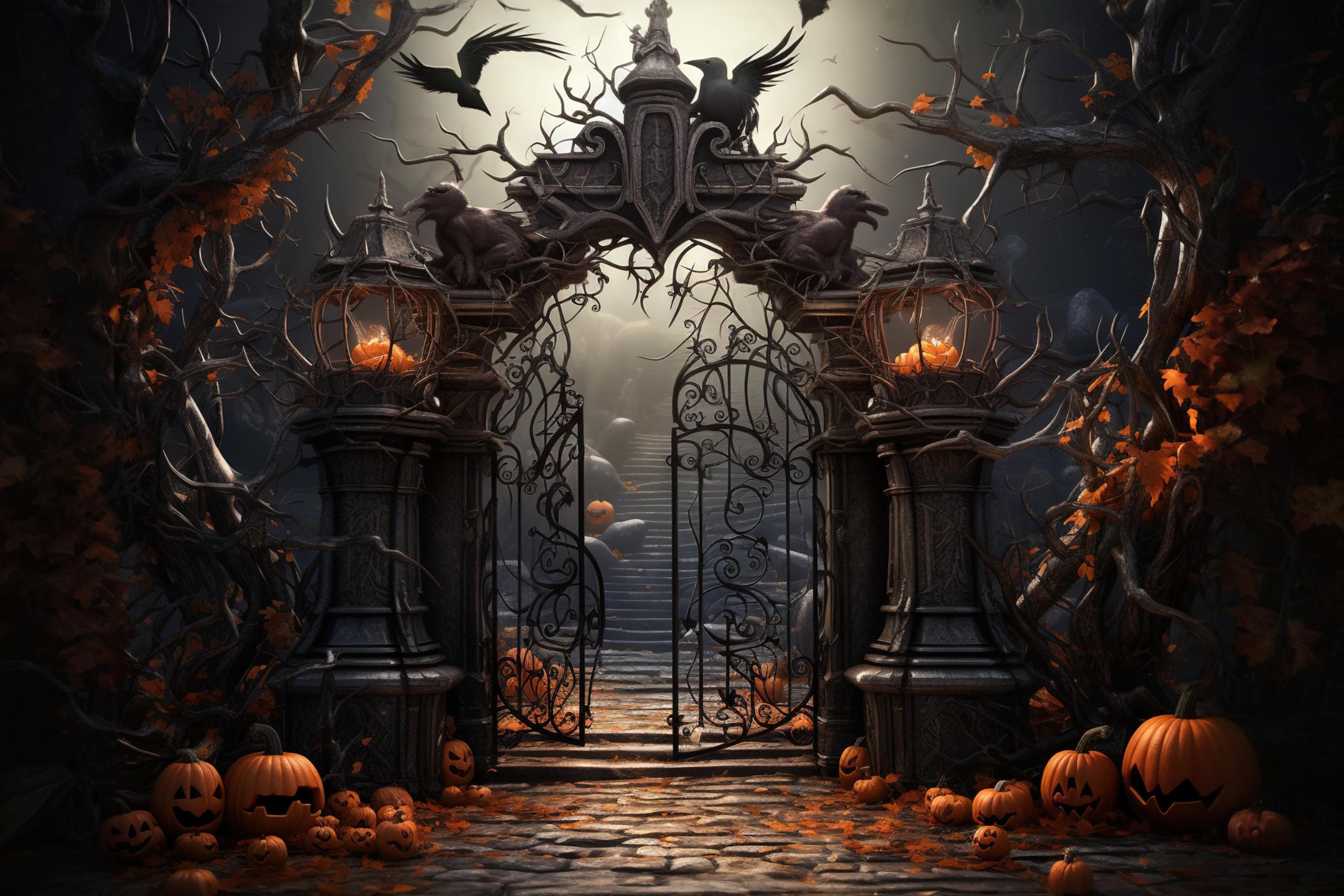 Halloween Cemetery Gate Pumpkins Backdrop UK RR7-107