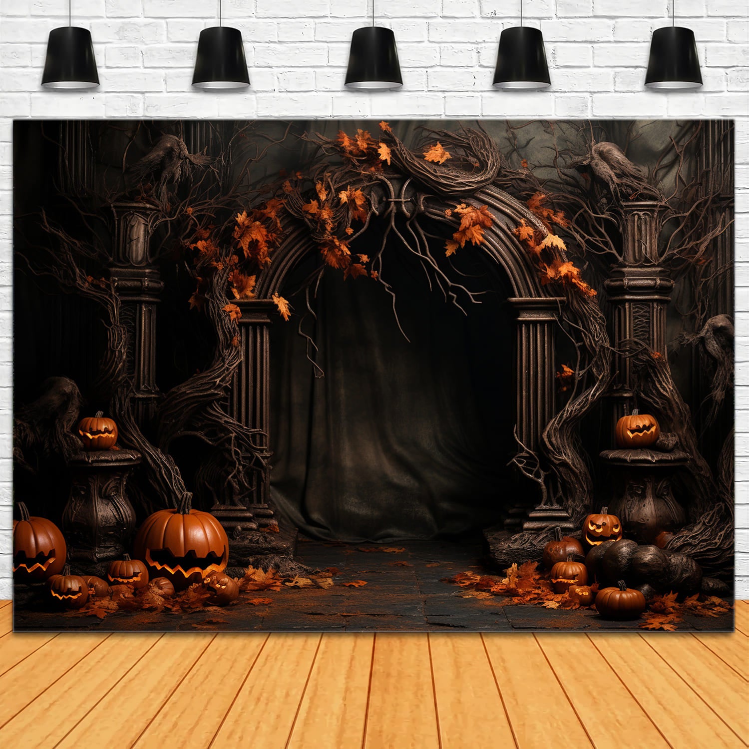 Maple Leaves Pumpkins Door Halloween Backdrop UK RR7-111