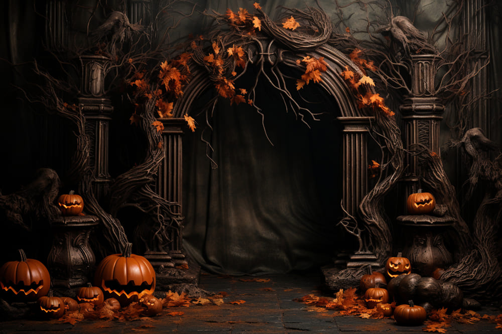 Maple Leaves Pumpkins Door Halloween Backdrop UK RR7-111