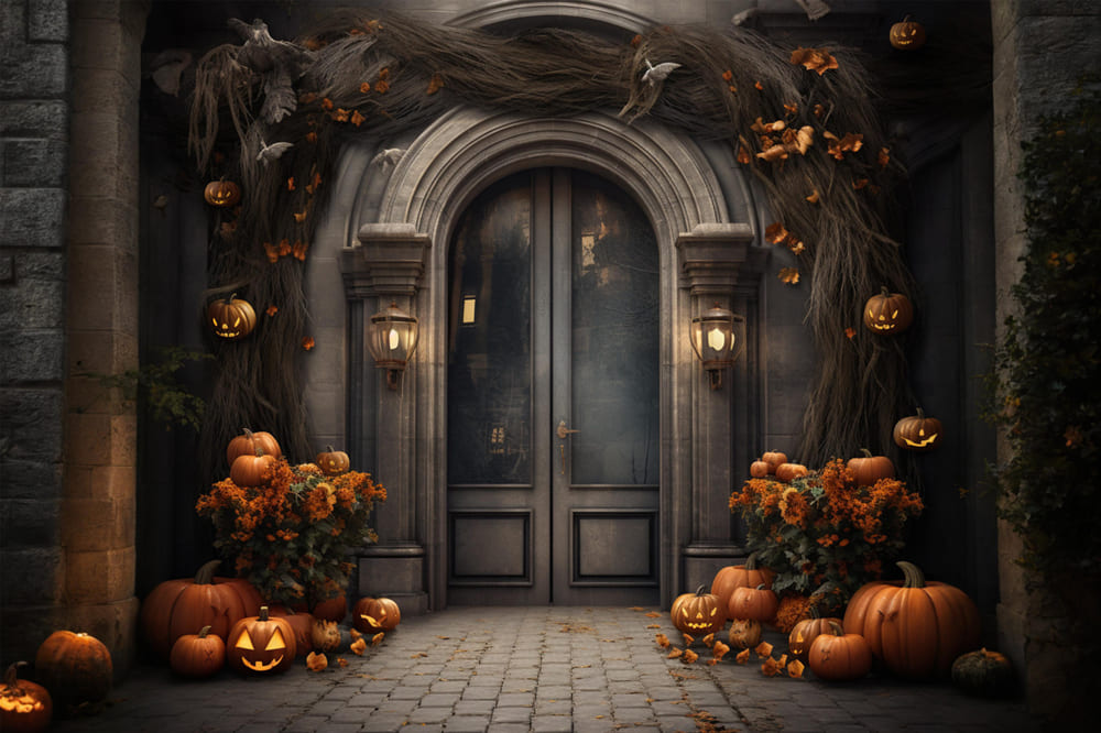 Mansion Door Pumpkins Halloween Backdrop UK RR7-113