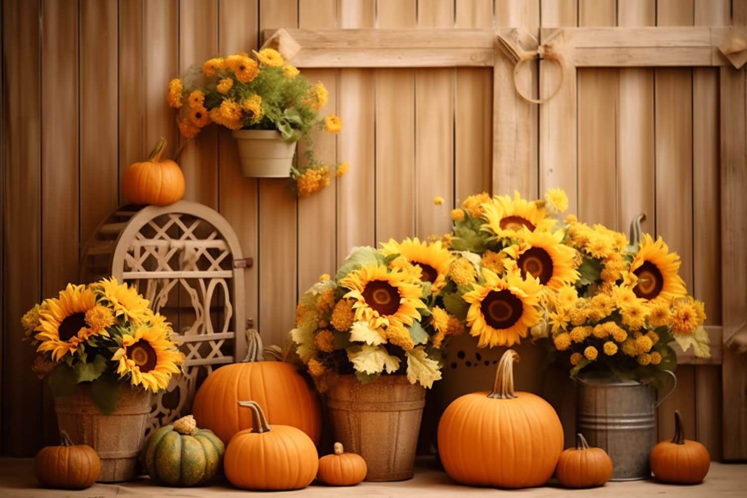 Autumn Barn Sunflowers Pumpkin Backdrop UK RR7-122