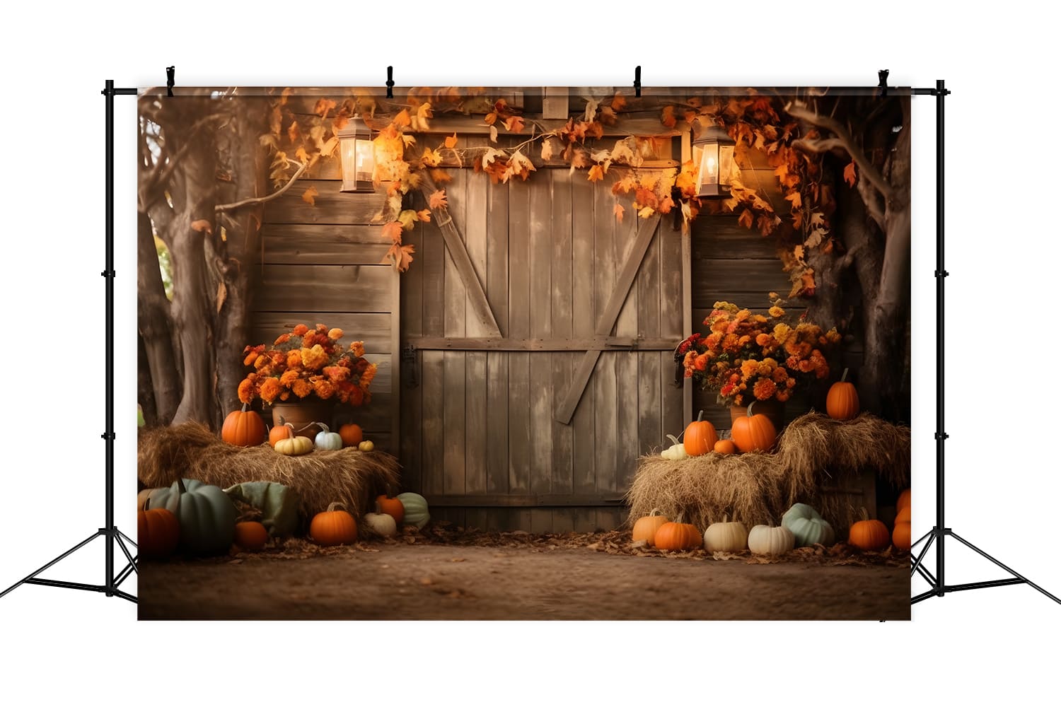 Autumn Harvest Barn Pumpkins Leaves Backdrop UK RR7-126