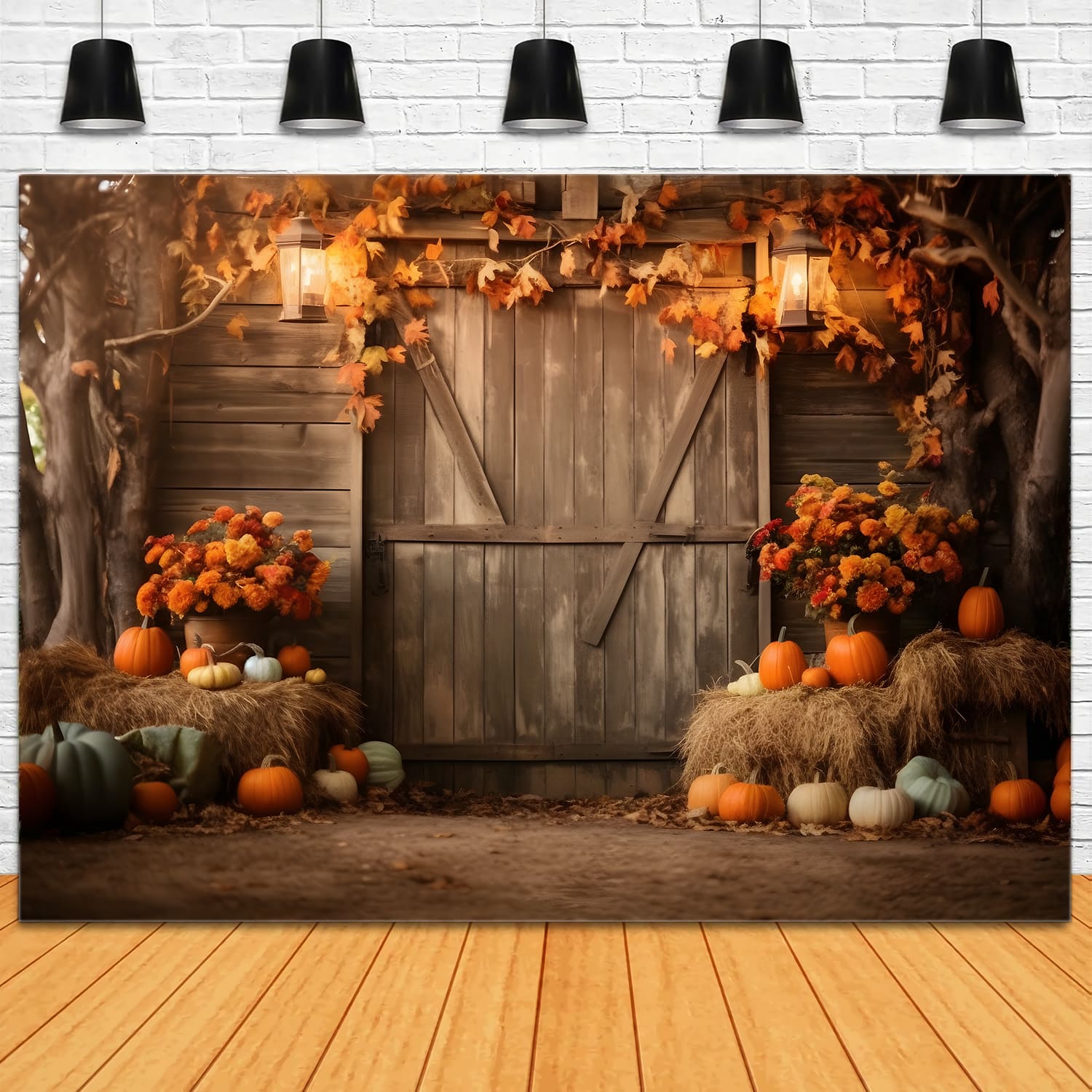 Autumn Harvest Barn Pumpkins Leaves Backdrop UK RR7-126