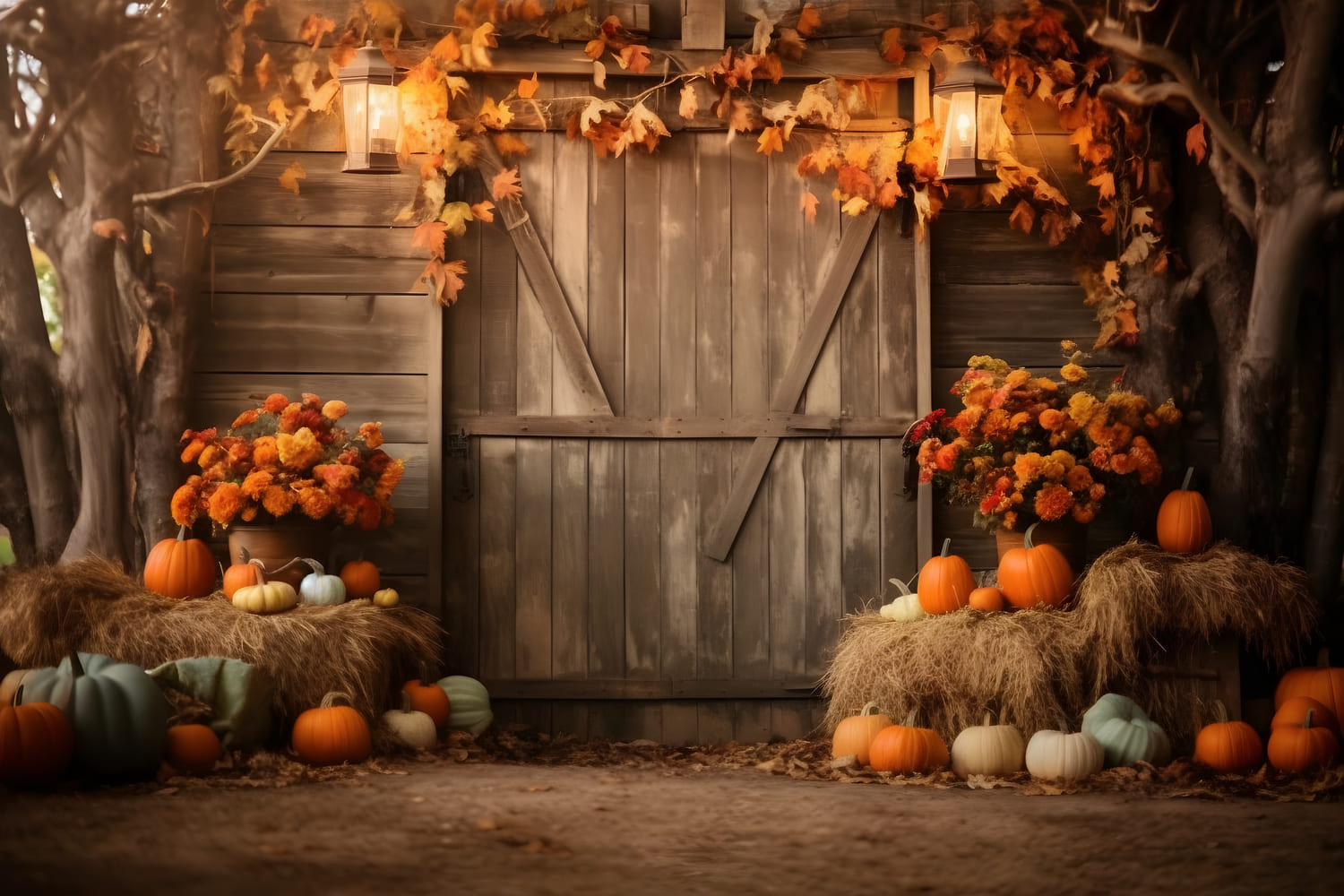 Autumn Harvest Barn Pumpkins Leaves Backdrop UK RR7-126