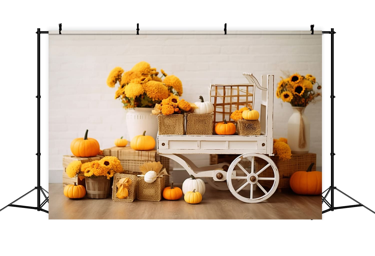 Autumn Sunflowers Wooden Cart Backdrop UK RR7-130