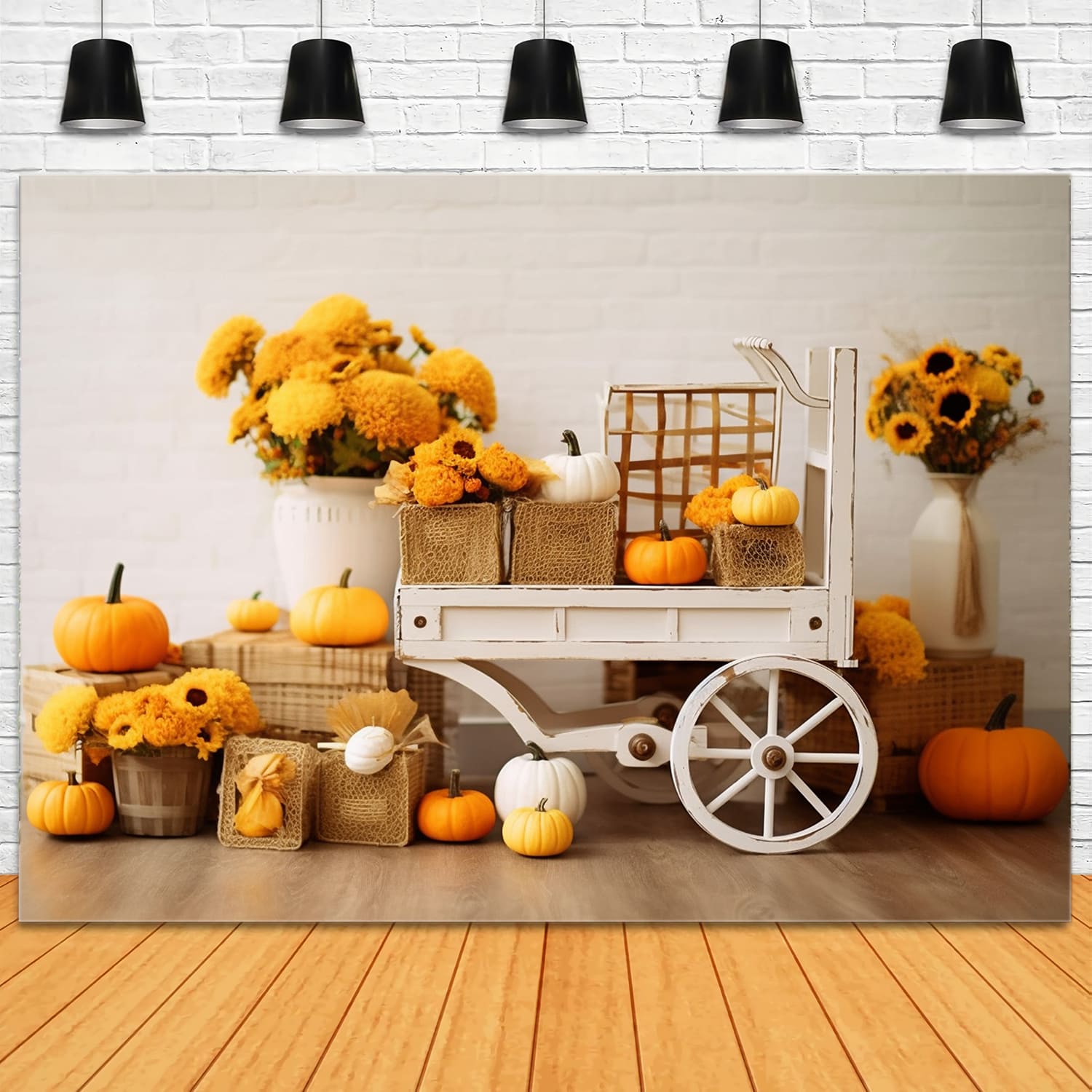 Autumn Sunflowers Wooden Cart Backdrop UK RR7-130